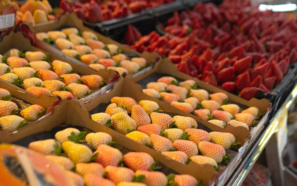 Çiftçi tezgahında organik çiğ Pineberry çileği