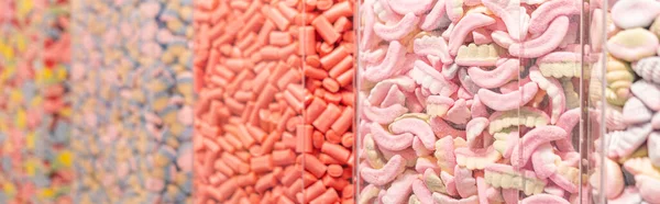 Dulces Gomosos Multicolores Caramelos Dientes Escaparate Textura Alimenticia Con Enfoque — Foto de Stock