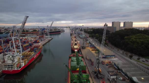ポルトガル オポルト 2022年9月14日 大型クレーンおよび国際コンテナ貨物船による港内出荷エリアの空中ビュー グローバル輸送 物流事業 — ストック動画