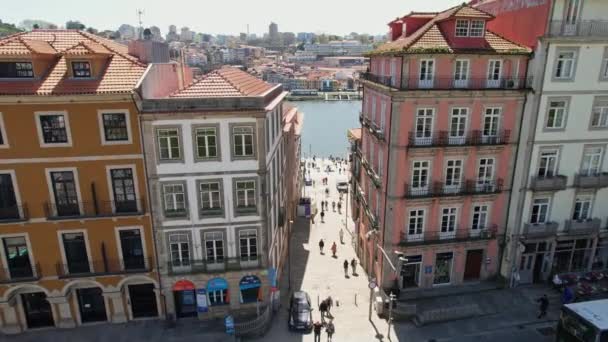 Ribeira Douro River Bank Porto City Portugal Беспилотник — стоковое видео