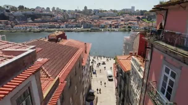 Ribeira Ufer Des Douro Der Portugiesischen Stadt Porto Drohnenflug — Stockvideo