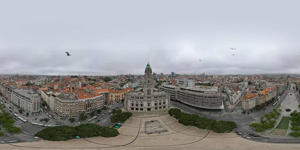 360 degree panoramic landscape panorama of Porto City Hall on Liberdade Square, a Famous City Landmark, in Porto, Portugal