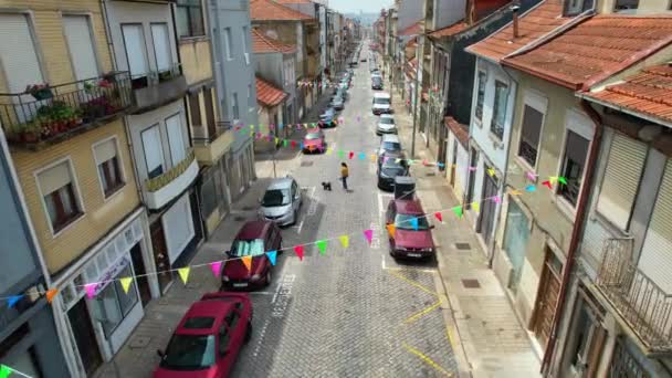 Порту Португалия 2023 Красочное Украшение Флагов Порту Сао Жоао Фабрегасе — стоковое видео