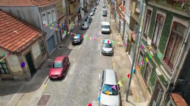 Porto Portugal 2023 Farbenfrohe Flaggendekoration Porto Beim Sao Joao Festa — Stockvideo