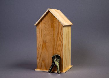 Beyaz arka planda metal anahtarı olan ev sembolü. Emlak, sigorta konsepti, ipotek, ev satışı, emlakçı konsepti. Issız, ahşap bir ev, hayatın sembolü. ev partisi, kilit ve anahtarlık