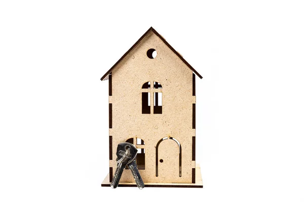 Знак Дома Металлическим Ключом Белом Фоне Недвижимость Концепция Страхования Ипотека — стоковое фото