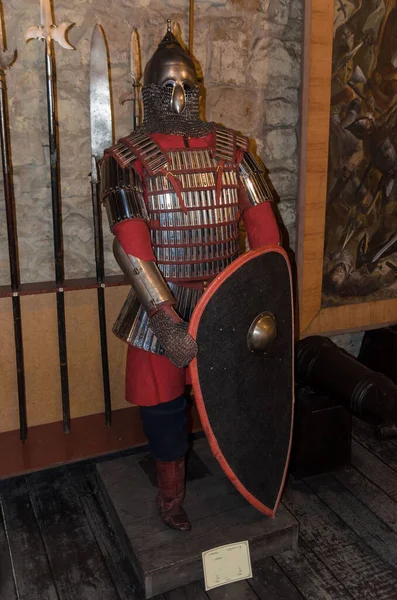 Благородный Воин Портрет Одного Воина Медевала Рыцаря Доспехах Шлеме Щитом — стоковое фото