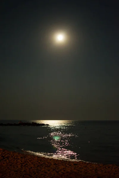 Holdfényes Ösvény Fekete Éjszakán Nyugodt Vizen Sziklák Között Függőleges Fotó Stock Kép