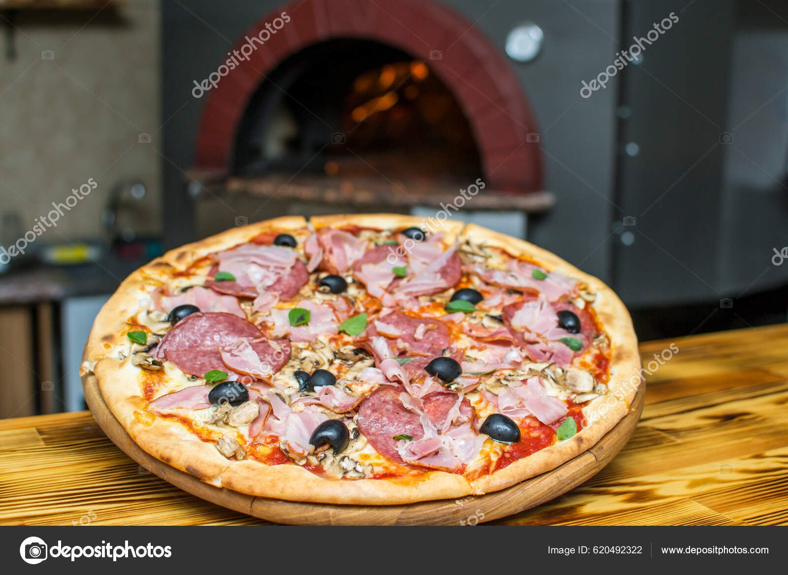 Cooking Pizza Oven Pizza Stone Stove Fire Background Traditional Pizzeria Stock Photo by