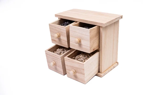 Dřevěné Krabice Plné Různých Druhů Koření Dřevěná Krabice Slunečnicovými Semínky — Stock fotografie