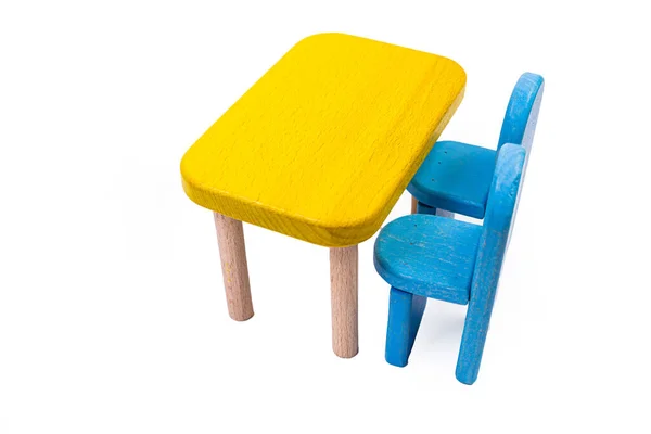 Dřevěné Modré Křeslo Pohovka Dvě Židle Stolem Žlutý Stůl Modrá Royalty Free Stock Obrázky