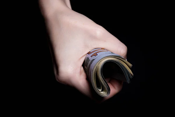 Två Händer Med Dollar Närbild Kvinnlig Hand Ger Pengar För — Stockfoto