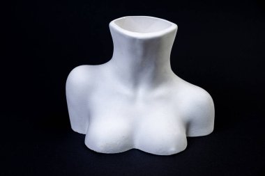 Vazo olarak destekle, ön tarafa odaklan. Siyah arka planda kadın büstü şeklinde alçı vazo. Kadın antika heykeli şeklinde vazo, çağdaş sanat. Modern tasarım izole
