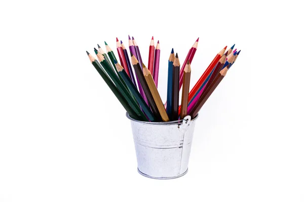 Multi Colored Pencils Wine Glass Bucket Selective Blurred Group Coloring — Stock Photo, Image