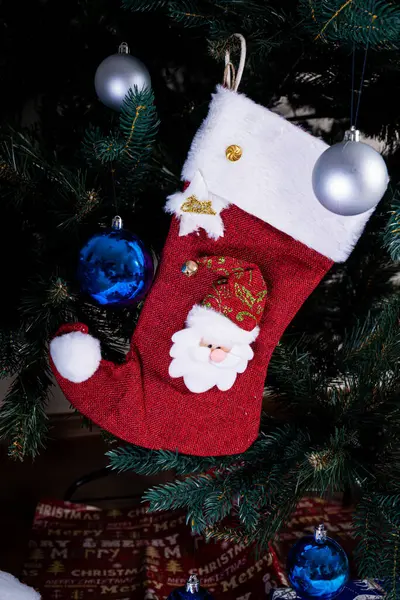 Christmas Stocking Red Sock Snowflakes Santa Gifts Hanging Christmas Tree — Stock Photo, Image