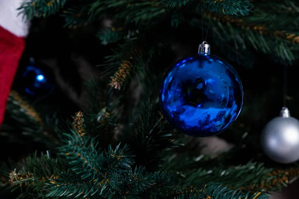 Christmas Tree Colorful Balls Gift Boxes White Brick Wall Blue — Stock Photo, Image