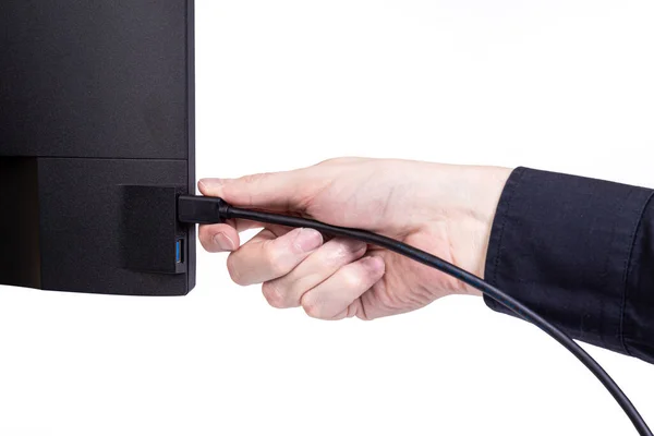 Inżynier Ręcznie Wkłada Kabel Monitora Ręka Człowieka Podłączająca Kabel Dvi Obraz Stockowy