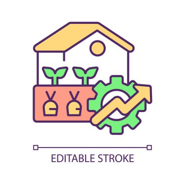 Hasat verimliliği RGB renk simgesini geliştir. Ürün verimliliği artıyor. Kârlı bir çiftlik. Tarım sektörünü geliştir. İzole vektör çizimi. Basit bir çizgi çizimi. Düzenlenebilir felç. Arial yazı tipi kullanımı