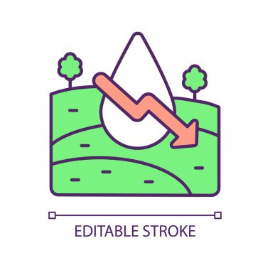 Sulama alanı RGB renk simgesini azalt. Düşük alan sulama. Yağışları azalt. Daha az nem. İzole vektör çizimi. Basit bir çizgi çizimi. Düzenlenebilir felç. Arial yazı tipi kullanımı