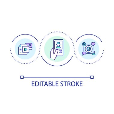 Sağlık hizmetleri sosyal medya döngüsü konsepti ikonu. Çevrimiçi doktor. İçerik pazarlaması. Tıbbi dijital strateji soyut fikir ince çizgi çizimi. İzole bir taslak çizim. Düzenlenebilir felç. Kullanılan Arial yazı tipi