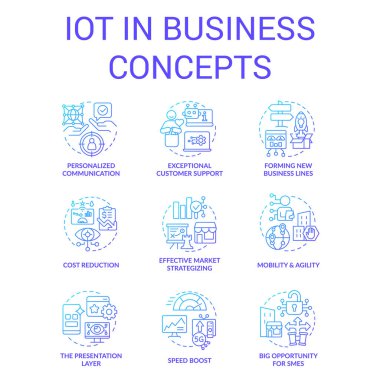 Ticari mavi gradyan konsept simgeleri ayarlandı. Dijitalleştirme fırsatları. Dönüşüm avantajları ince çizgi renk çizimleri fikrine dayanır. İzole semboller. Kullanılan Roboto-Orta, Myriad Pro-Kalın yazı tipleri