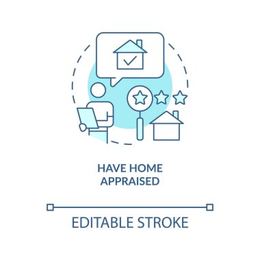 Ev değerlendirmesi turkuaz konsept ikonu. Ev alımı. Özellik değeri değerlendirmesi soyut fikir ince çizgi çizimi. İzole bir taslak çizim. Düzenlenebilir felç. Arial, Myriad Pro-Kalın yazı tipleri