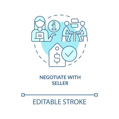 Satıcı turkuaz konsept ikonu ile pazarlık yap. Mülk fiyatları değişti. Ev satın alma fikri soyut ince çizgi çizimi. İzole bir taslak çizim. Düzenlenebilir felç. Arial, Myriad Pro-Kalın yazı tipleri