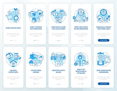 Mobil uygulama seti için ev mavisi almaya hazırız. Ev sahibi, doğrusal kavramlarla birlikte düzenlenebilir grafik talimatlarını 5 adımda gözden geçirir. UI, UX, GUI şablonu. Kullanılan sayısız Pro-Kalın, Düzenli yazı tipleri