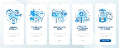 Mobil uygulama ekranında mavi ev satın al. Ev alıcısı, doğrusal kavramlarla birlikte 5 adımlık düzenlenebilir grafik talimatlarını gözden geçirir. UI, UX, GUI şablonu. Kullanılan sayısız Pro-Kalın, Düzenli yazı tipleri