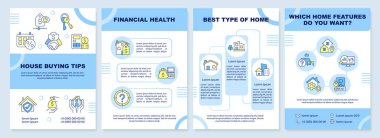 Ev alışverişi mavi broşür. Emlakçı. Çizgisel simgeli broşür tasarımı. Sunum için düzenlenebilir 4 vektör düzeni, yıllık raporlar. Arial-Black, Myriad Pro-Normal yazı tipleri