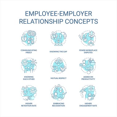 İşveren ilişkisi turkuaz konsept simgeleri ayarlandı. İş yerindeki ilişkiler ince çizgi renk çizimleri. İzole semboller. Düzenlenebilir felç. Kullanılan Roboto-Orta, Myriad Pro-Kalın yazı tipleri
