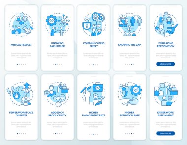 Mobil uygulama ekranında çalışan işverenin ilişkisi mavi. Doğrusal kavramlarla düzenlenebilir grafik yönergelerini 5 adımda gezdir. UI, UX, GUI şablonu. Kullanılan sayısız Pro-Kalın, Düzenli yazı tipleri