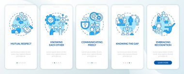 Güçlü işveren ilişkileri mobil uygulama ekranında mavi renkte. Doğrusal kavramlarla düzenlenebilir grafik yönergelerini 5 adımda gezdir. UI, UX, GUI şablonu. Kullanılan sayısız Pro-Kalın, Düzenli yazı tipleri