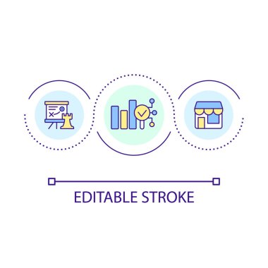 İş stratejisi döngü konsepti ikonu oluşturuluyor. Üretken piyasa dönüşümü. Etkili strateji, soyut fikir ince çizgi çizimi. İzole bir taslak çizim. Düzenlenebilir felç. Kullanılan Arial yazı tipi