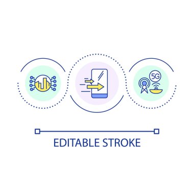 Kablosuz iletişim döngüsü konsepti simgesi. 5G bağlantısı. Bilgi teknolojisi. Telekomünikasyon soyut fikir ince çizgi çizimi. İzole bir taslak çizim. Düzenlenebilir felç. Kullanılan Arial yazı tipi