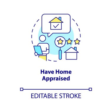 Ev değerlendirme konsepti ikonu. Gayrimenkul. Ev satın alma süreci. Ev değeri değerlendirmesi soyut fikir ince çizgi çizimi. İzole bir taslak çizim. Düzenlenebilir felç. Arial, Myriad Pro-Kalın yazı tipleri