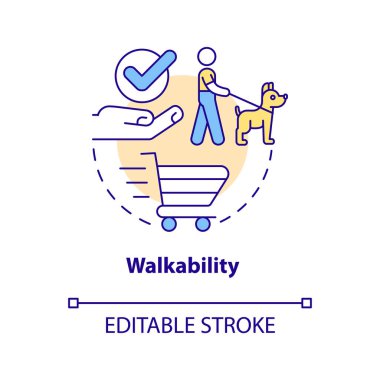 Yürüme konsepti ikonu. Mülk alımı. Münasip mahalleler soyut fikir ince çizgili çizgilerden faydalanır. İzole bir taslak çizim. Düzenlenebilir felç. Arial, Myriad Pro-Kalın yazı tipleri