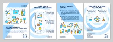 İş yerindeki mavi broşürlerden milenyum gereksinimleri. Çizgisel simgeli broşür tasarımı. Sunum için düzenlenebilir 4 vektör düzeni, yıllık raporlar. Arial, Myriad Pro-Normal yazı tipleri kullanıldı