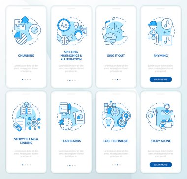 Mobil uygulama ekranında sözlü ezberleme stratejileri. Doğrusal kavramlarla düzenlenebilir grafik yönergelerini dört adımda gözden geçir. UI, UX, GUI şablonu. Kullanılan sayısız Pro-Kalın, Düzenli yazı tipleri