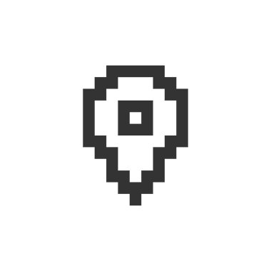 Konum pin pikselli ui simgesi. Haritada yer ayırıyorum. Yön ve mekan belirleniyor. Arayın. Düzenlenebilir 8bit grafik ögesi. Web, mobil uygulama için izole edilmiş vektör arayüzü resmi. Retro biçimi