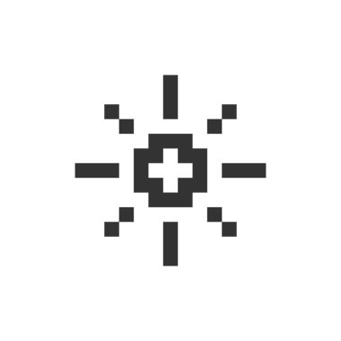 Işık modu pikselleştirilmiş ui simgesi. Gündüz teması. Ekran parlaklığını ayarla. Güneş seçeneği. Düzenlenebilir 8bit grafik ögesi. Web, mobil uygulama için izole edilmiş vektör arayüzü resmi. Retro biçimi