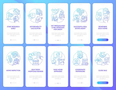 Mobil uygulama ekranındaki mavi gradyan alınıyor. Yeni mülk rehberi, doğrusal kavramlarla birlikte 5 adımlık grafik talimatları gözden geçirir. UI, UX, GUI şablonu. Kullanılan sayısız Pro-Kalın, Düzenli yazı tipleri