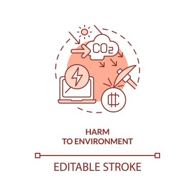 Çevreye zarar veren turuncu konsept ikonu. Hava kirliliği artıyor. NFT dezavantajlı soyut fikir ince çizgi çizimi. İzole bir taslak çizim. Düzenlenebilir felç. Arial, Myriad Pro-Kalın yazı tipleri