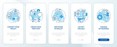 NFT 'ler mavi işlemleri mobil uygulama ekranında yapıyorlar. Teknoloji 5 aşamalı düzenlenebilir grafik talimatları ve doğrusal kavramlar. UI, UX, GUI şablonu. Kullanılan sayısız Pro-Kalın, Düzenli yazı tipleri
