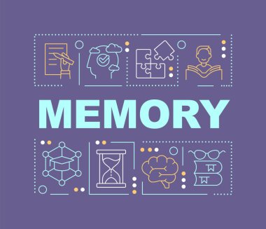 Hafıza kelimesi menekşe pankartı kavramını içerir. Bir şeyler ezberlemek. Öğrenme süreci. Renk arkaplanında düzenlenebilir simgelere sahip bilgi grafikleri. İzole tipografi. Metinli vektör illüstrasyonu. Kullanılan Arial-Black yazı tipi