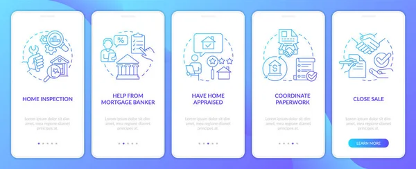 stock vector Buying home steps blue gradient onboarding mobile app screen. Real estate walkthrough 5 steps graphic instructions with linear concepts. UI, UX, GUI template. Myriad Pro-Bold, Regular fonts used