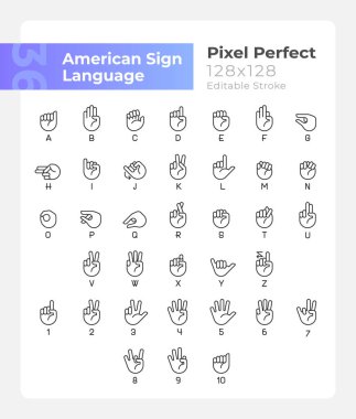 American sign language pixel perfect linear icons set. Communication system. Customizable thin line symbols. Isolated vector outline illustrations. Editable stroke. Montserrat Bold, Light fonts used clipart