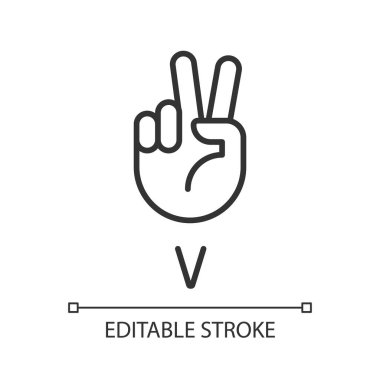 ASL sistem pikselindeki V harfi mükemmel doğrusal simge. Jestlerle ses görselleştirme. İletişim. İnce çizgili çizim. Contour sembolü. Vektör çizimi. Düzenlenebilir felç. Kullanılan Arial yazı tipi