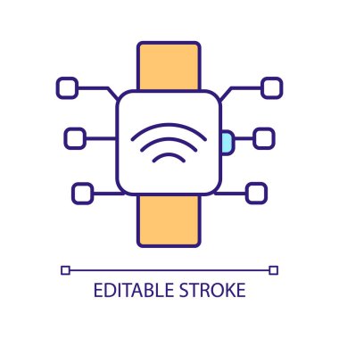 Smartwatch RGB renk simgesi. Giyilebilir monitör cihazı. Cihaz hesaplanıyor. Dijital aksesuar. Bilgi teknolojisi. İzole vektör çizimi. Basit bir çizgi çizimi. Düzenlenebilir felç. Kullanılan Arial yazı tipi