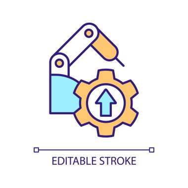 Üretim süreci RGB renk simgesini geliştir. Teknolojik yenilik sağlayın. Sanayi dönüşümü. İzole vektör çizimi. Basit bir çizgi çizimi. Düzenlenebilir felç. Kullanılan Arial yazı tipi